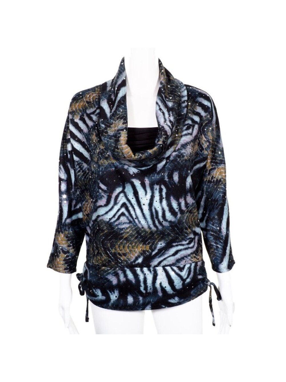 Isabella Rodriquez Womens Tunic Top Medium Cowl Neck Blue Animal Print Multi